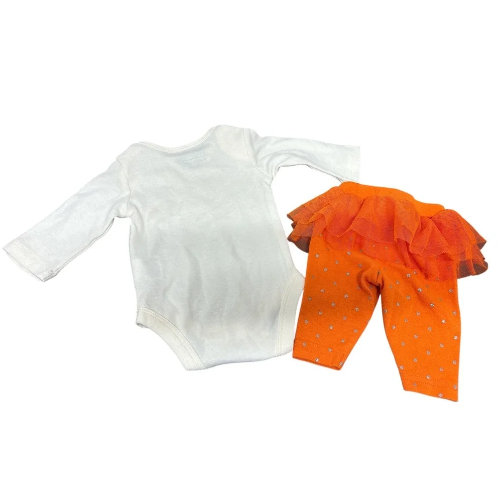 Baby Girl First Turkey Day Outfit White‎ L/S Top & Orange Tulle Skirt Leggings